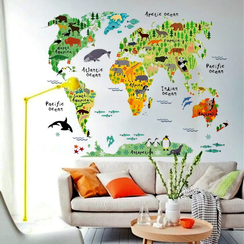 Colourful animal world map, mural art poster