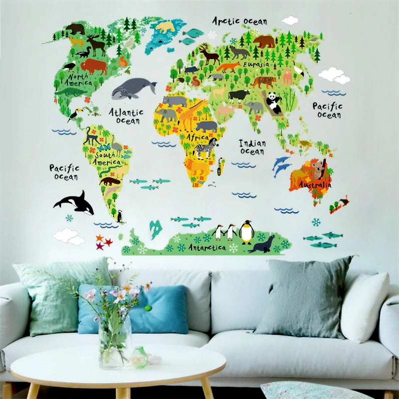 Colourful animal world map, mural art poster
